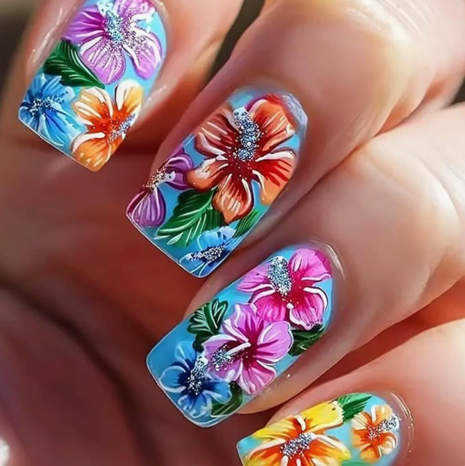 Tropical Floral press-on nail design, style Y351