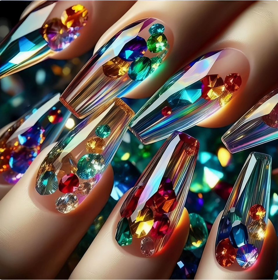 Rainbow Jewel-Look press-on nail design, style Y360