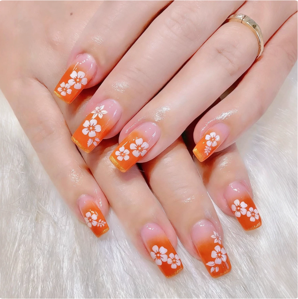 Orange Daisy press-on nail design, style Y361