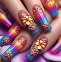 Rainbow Floral Ombre press-on nail design, style Y403