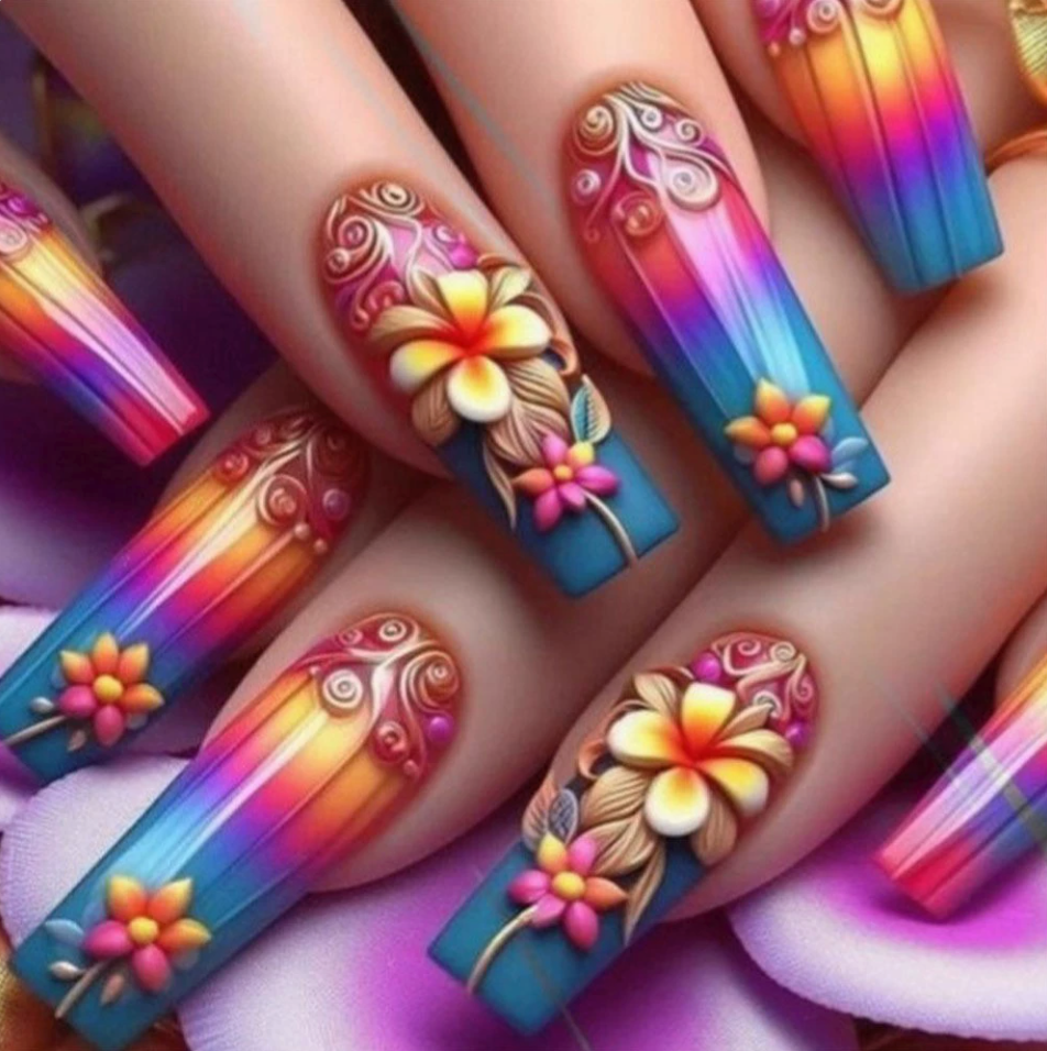 Rainbow Floral Ombre press-on nail design, style Y403
