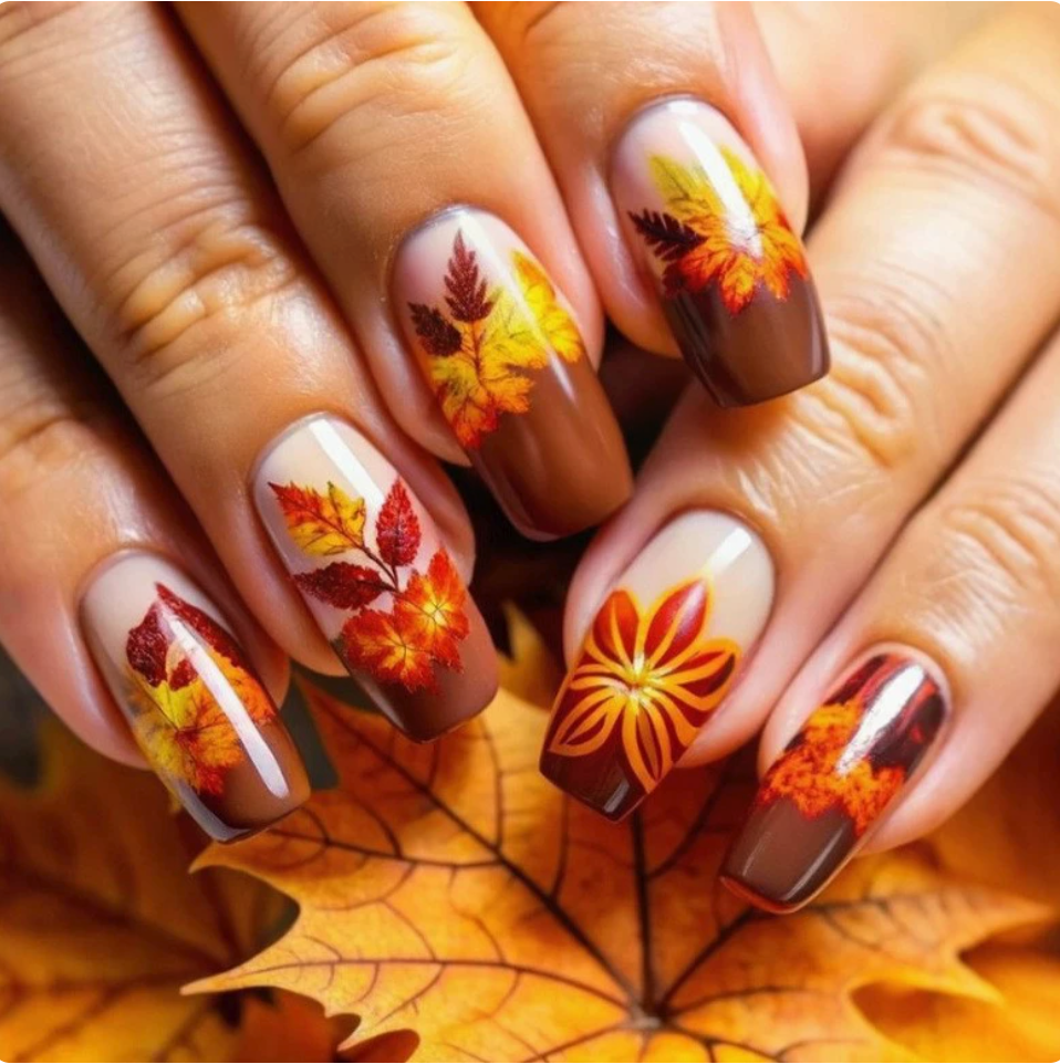 Autumn Leaves press-on nail design, style Y407
