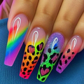 Rainbow Leopard press-on nail design, style Y411