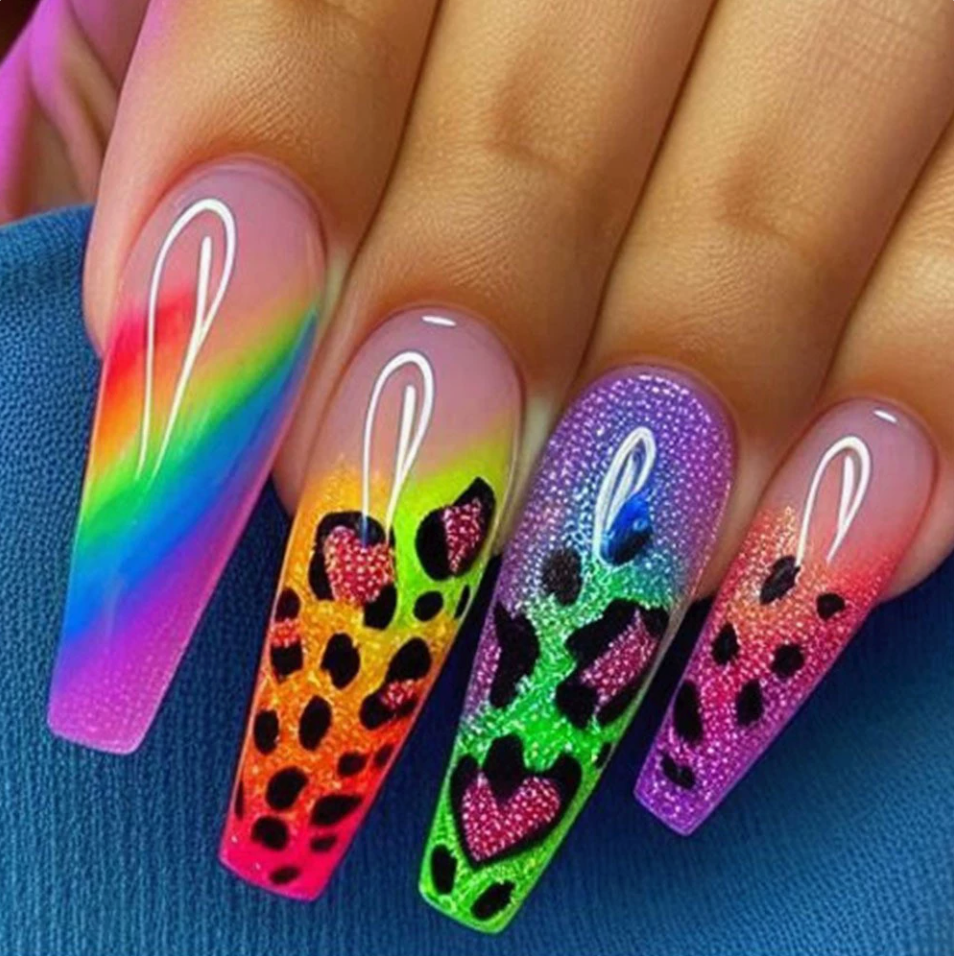 Rainbow Leopard press-on nail design, style Y411