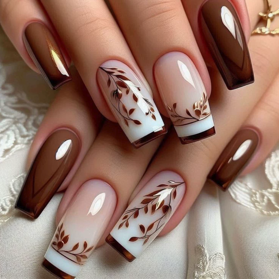 Y413 Mocha Botanical French press-on nails