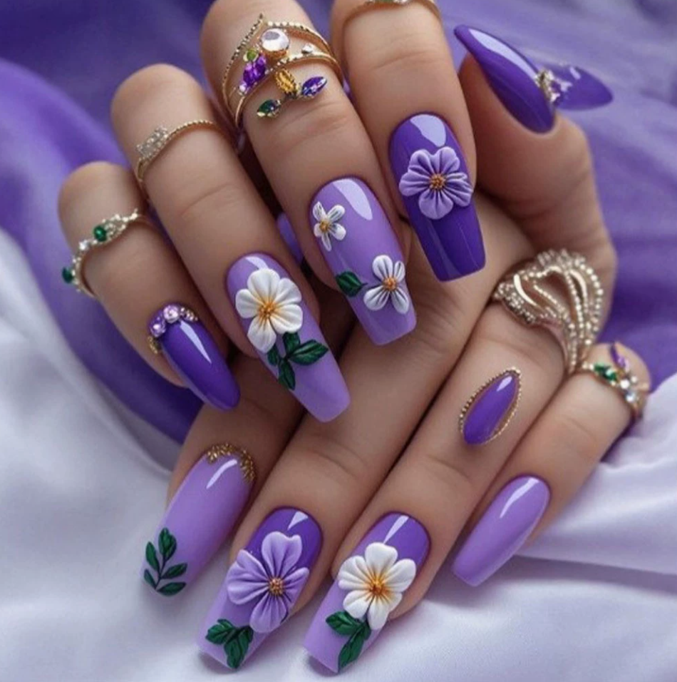 Lavender Daisy press-on nail design, style Y417