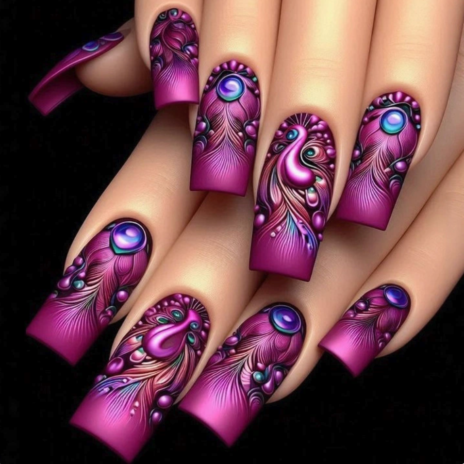 Magenta Paisley press-on nail design, style Y471