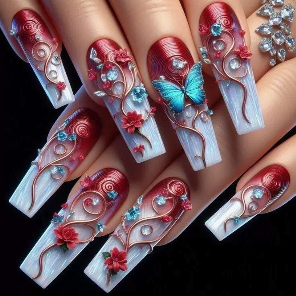 Butterfly Scroll press-on nail design, style Y529