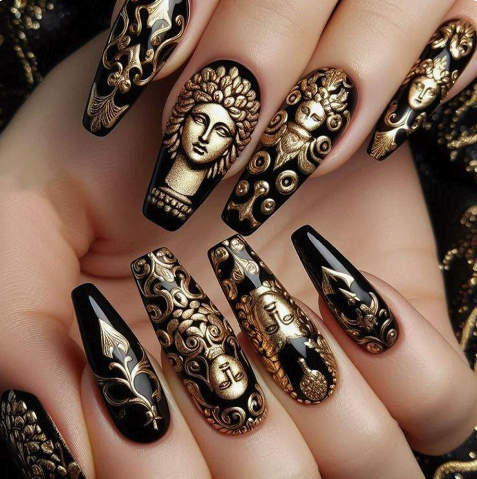 Black & Gold-Look Sculpture press-on nail design, style Y565