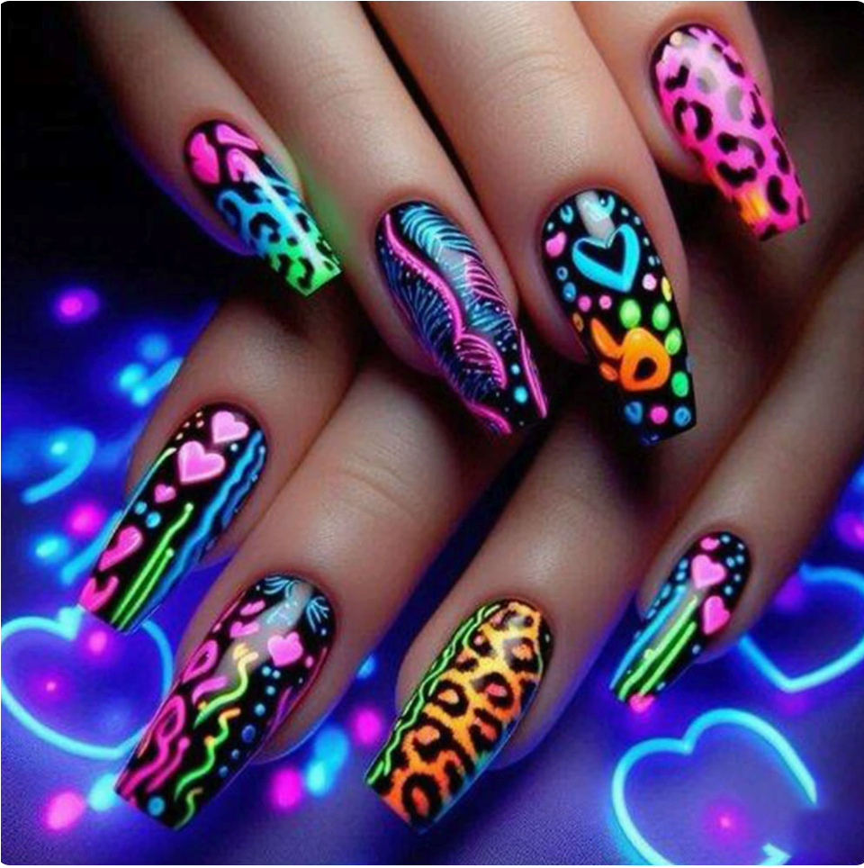 Neon Hearts & Leopard press-on nail design, style Y588
