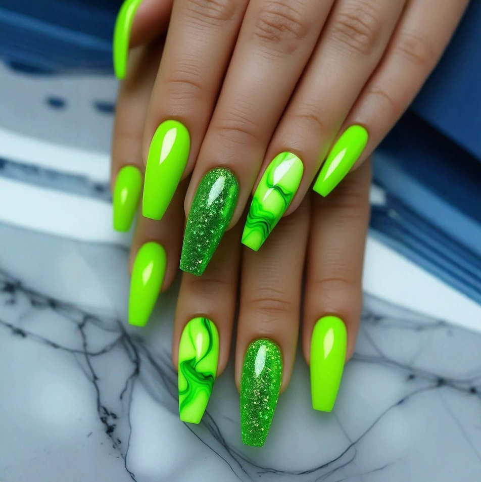 Lime Green Mix press-on nail design, style Y651