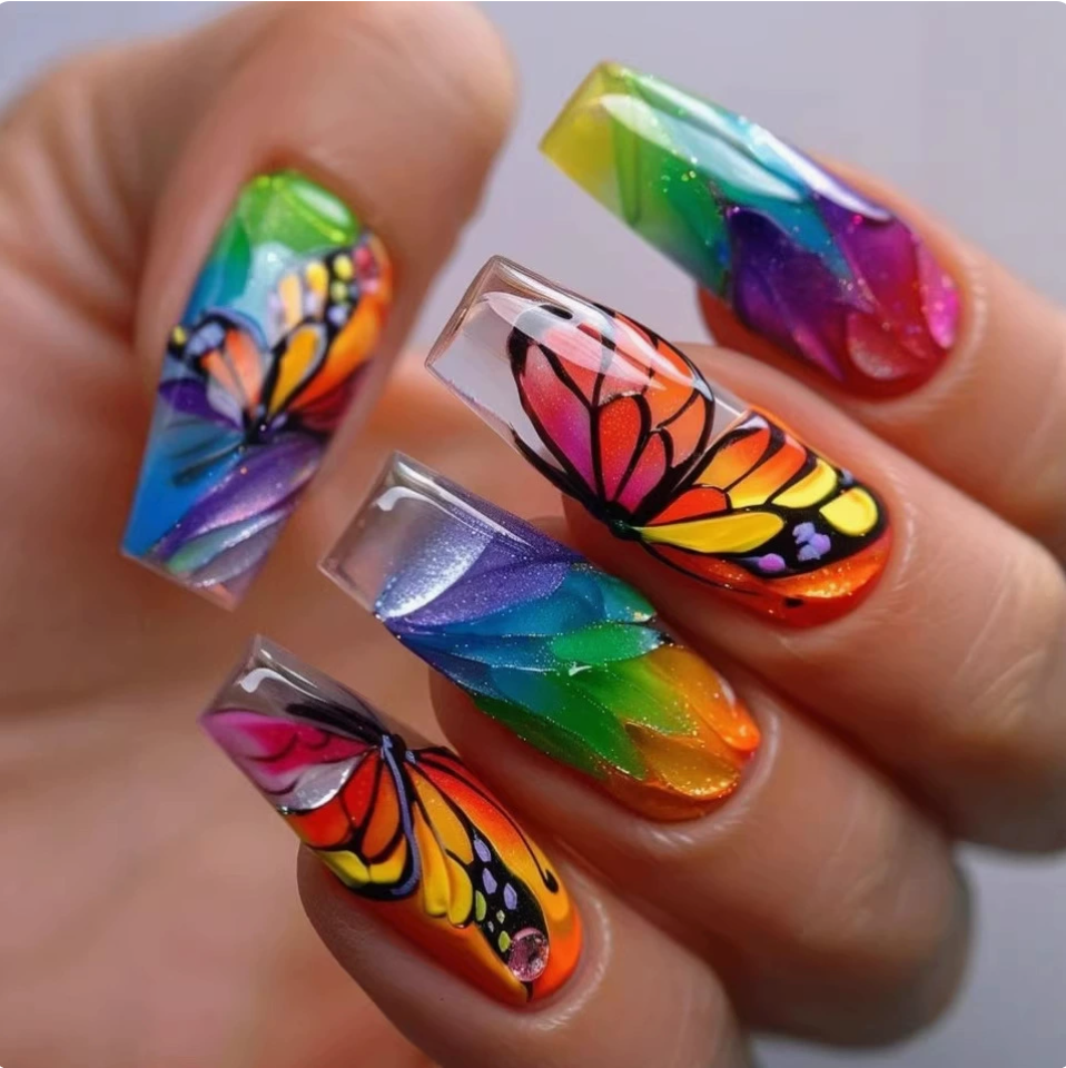 Rainbow Butterfly press-on nail design, style Y755