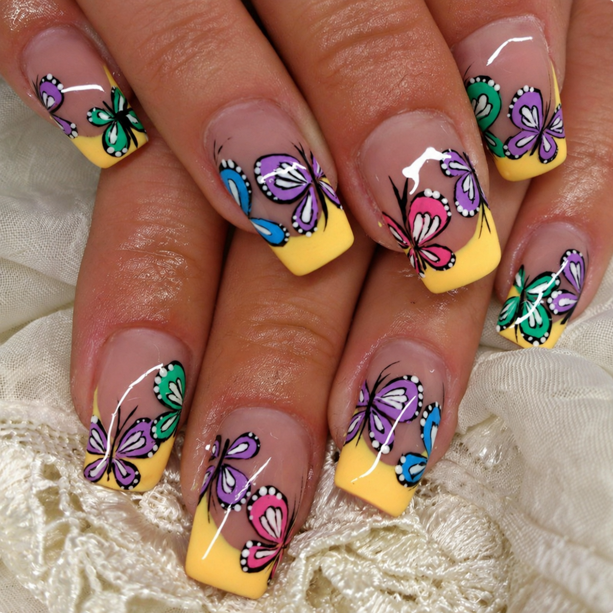 Yellow French-tip press-on nails with colorful butterfly motifs, style Y757