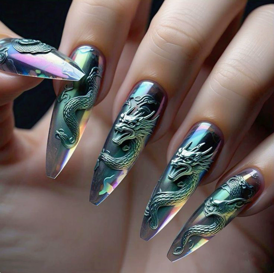 Dragon Chrome-Look press-on nail design, style Y771