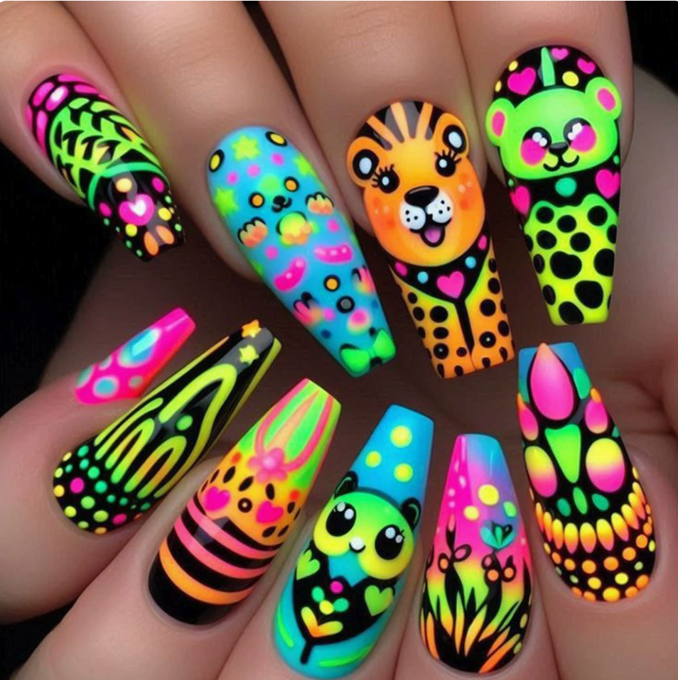 Neon Animal Mix press-on nail design, style Y813