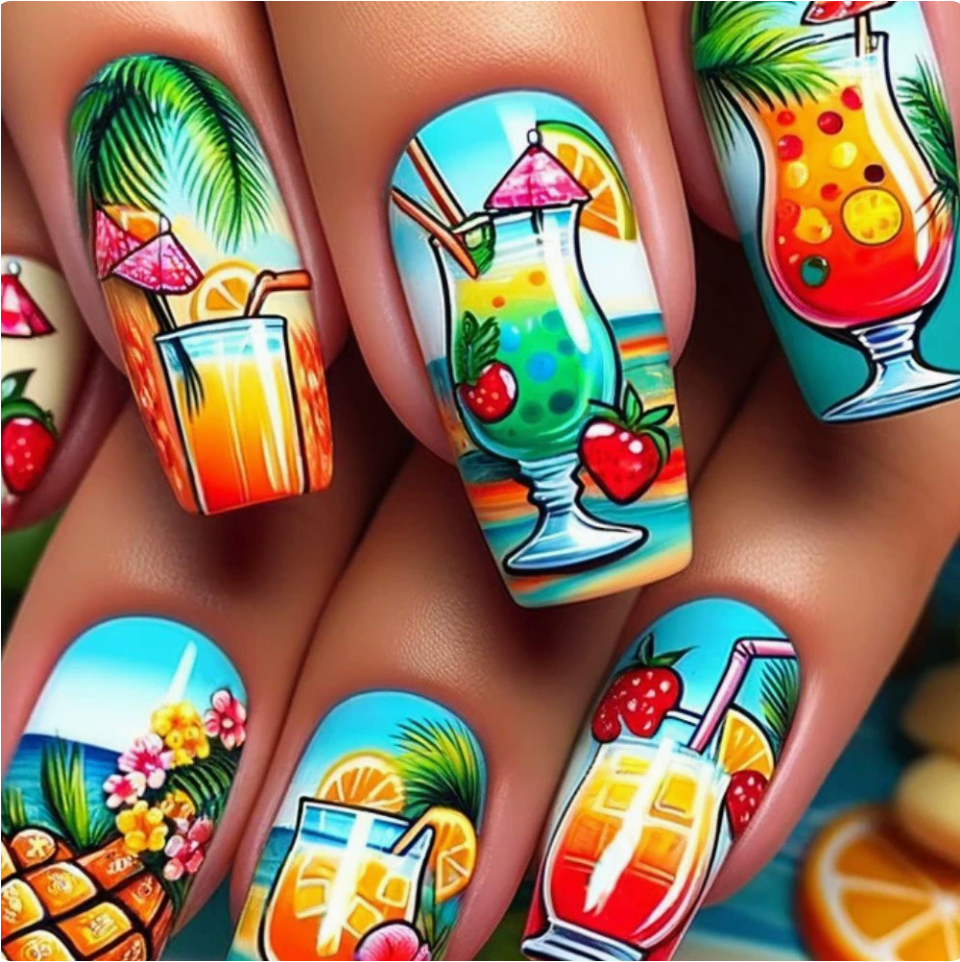 Tropical Drinks press-on nail design, style Y814