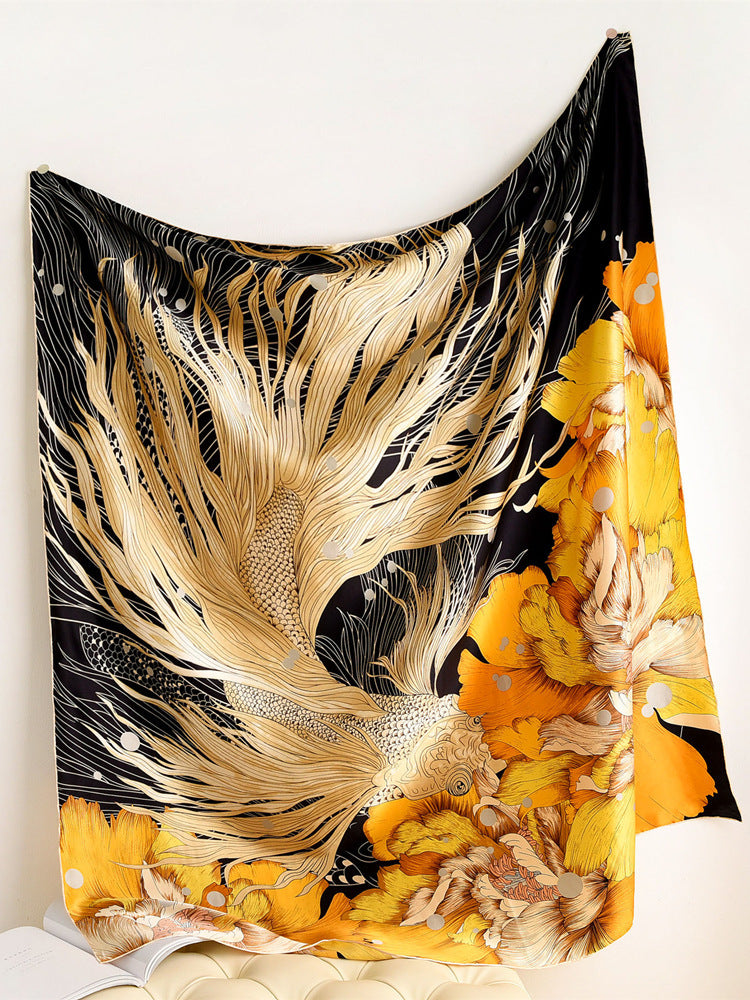 Golden Koi printed mulberry silk square scarf, 105 by 105 cm