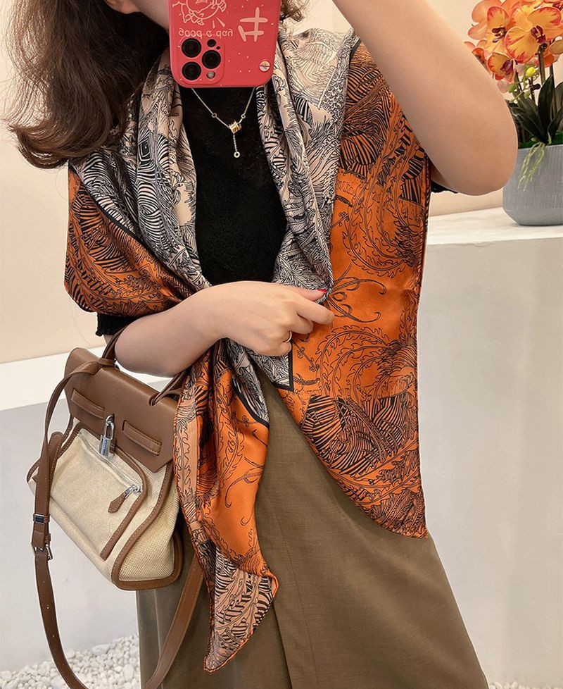 Rust Tropical Linework printed mulberry silk square scarf, 105 by 105 cm