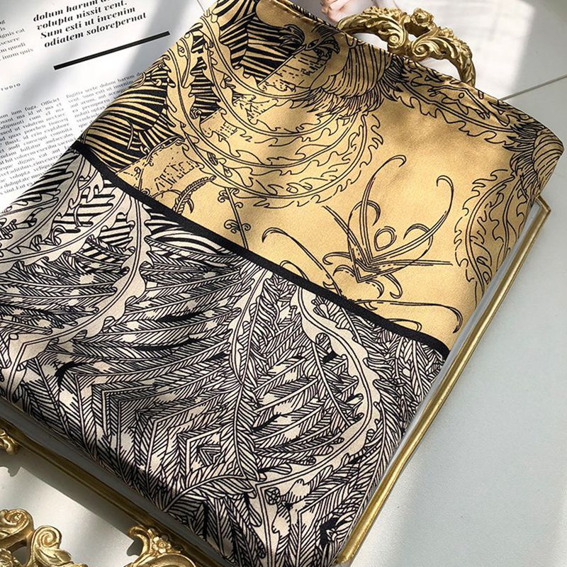 Pale Gold Tropical Linework printed mulberry silk square scarf, 105 by 105 cm