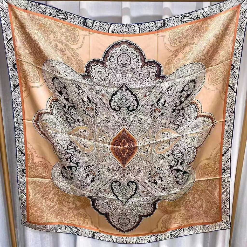 Peach Paisley Medallion printed mulberry silk square scarf, 105 by 105 cm