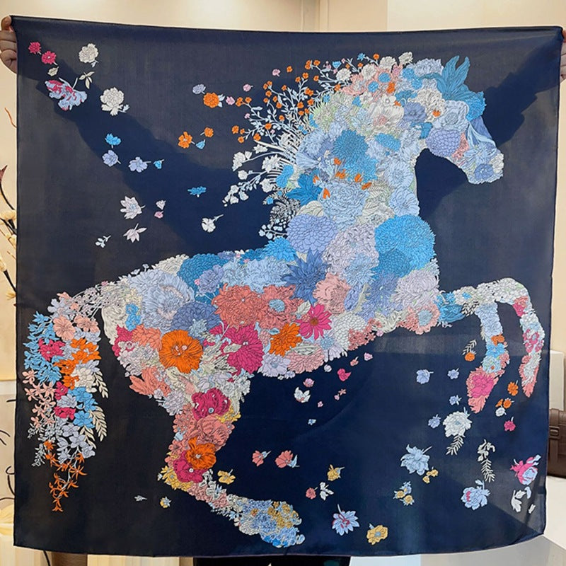 Navy Floral Horse printed mulberry silk square scarf, 105 by 105 cm