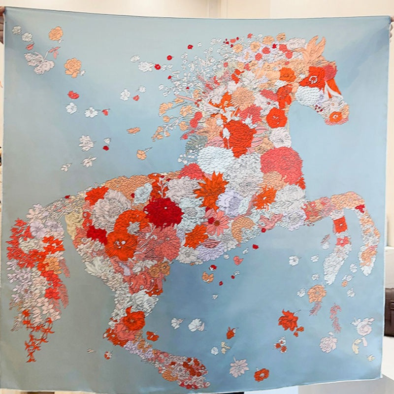 Gray Floral Horse printed mulberry silk square scarf, 105 by 105 cm