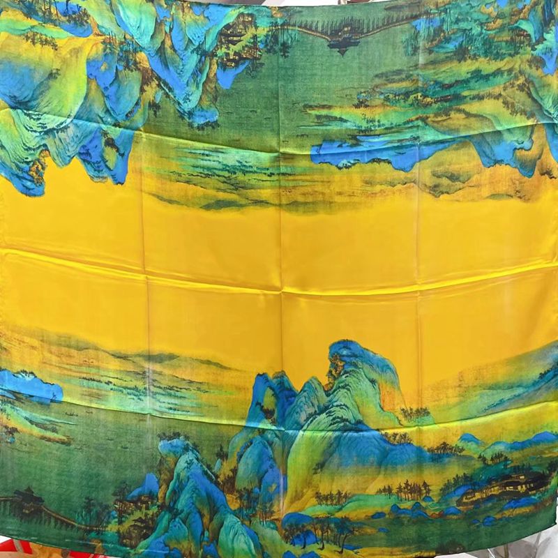 Golden Mountain Landscape printed mulberry silk square scarf, 105 by 105 cm