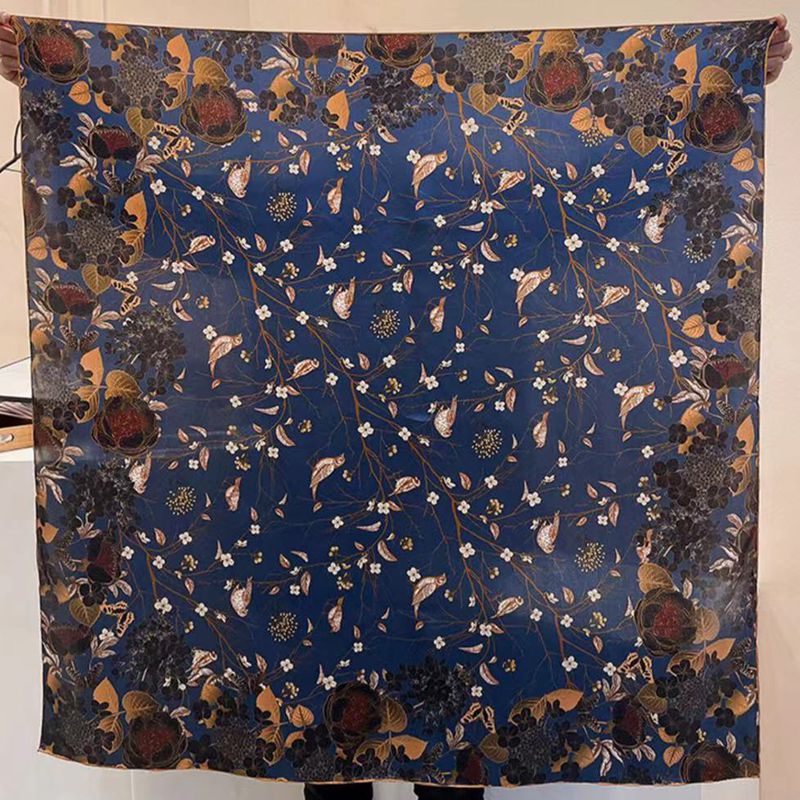 Navy Birds and Branches printed mulberry silk square scarf, 105 by 105 cm