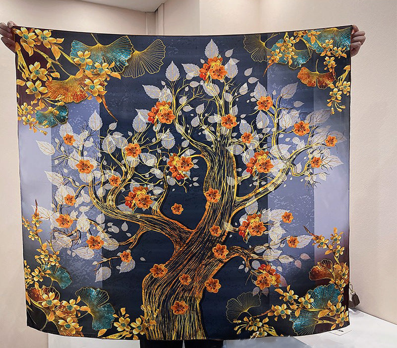 Navy Flowering Tree printed mulberry silk square scarf, 105 by 105 cm