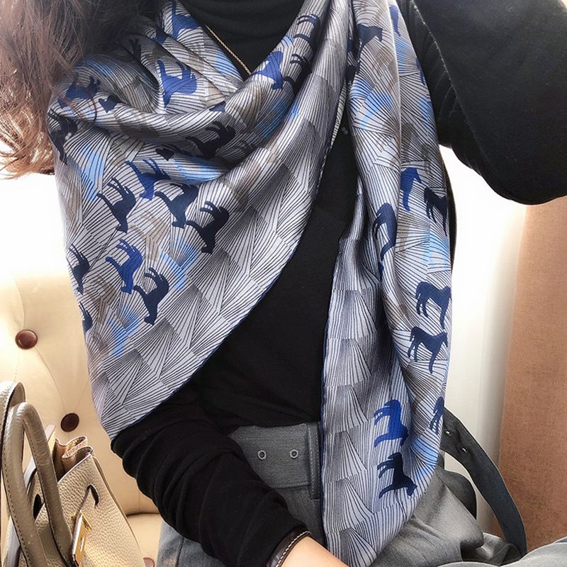 Blue Horse Silhouettes printed mulberry silk square scarf, 105 by 105 cm