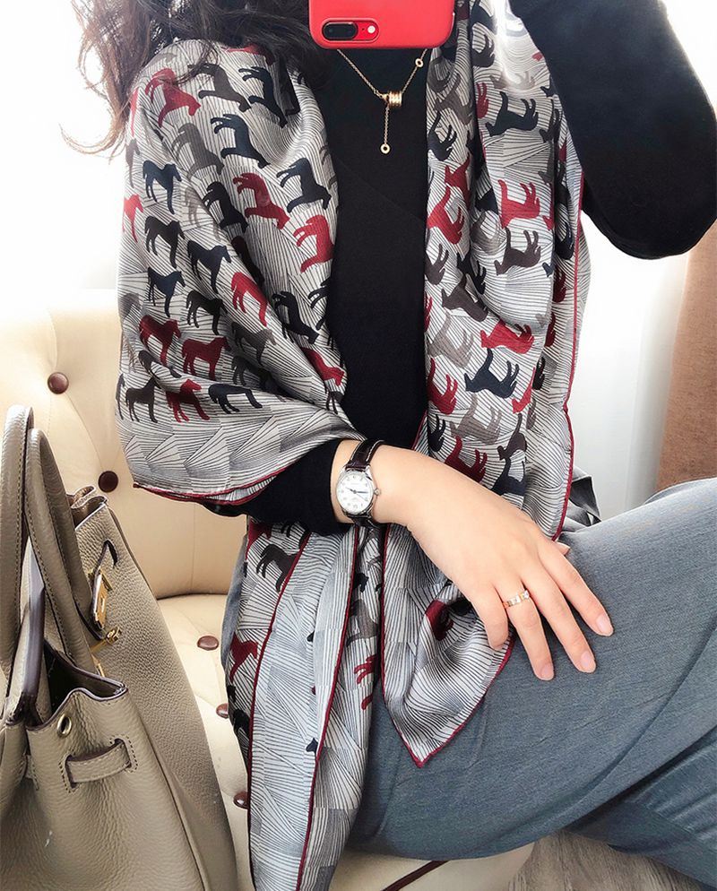 Gray and Red Horse Silhouettes printed mulberry silk square scarf, 105 by 105 cm