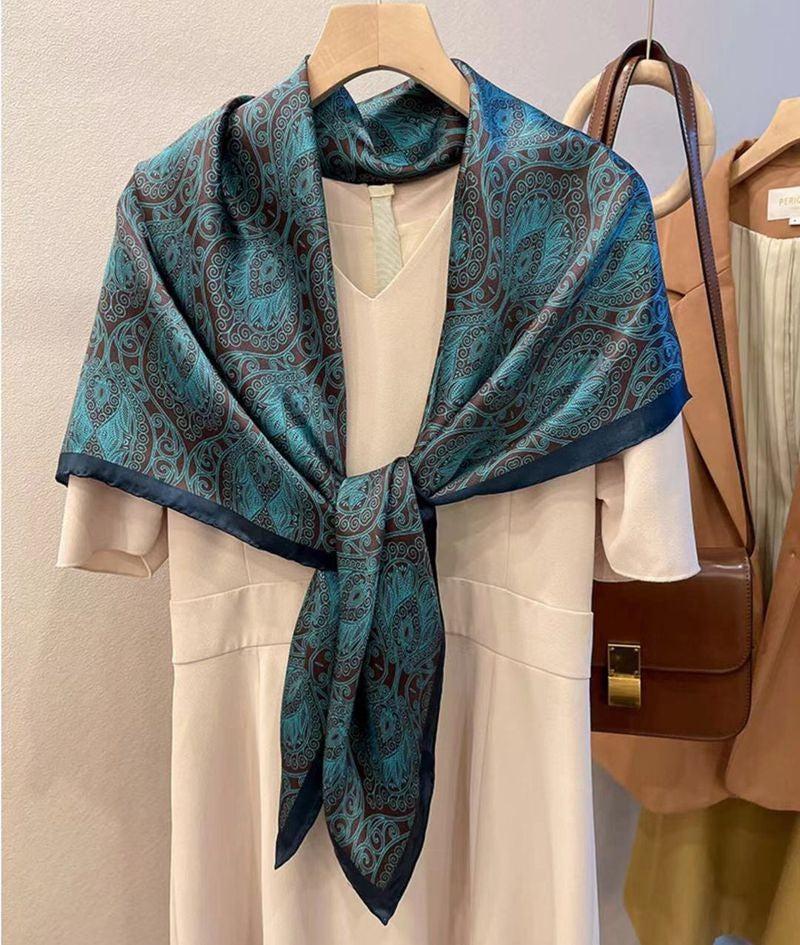 Teal Paisley printed mulberry silk square scarf, 105 by 105 cm