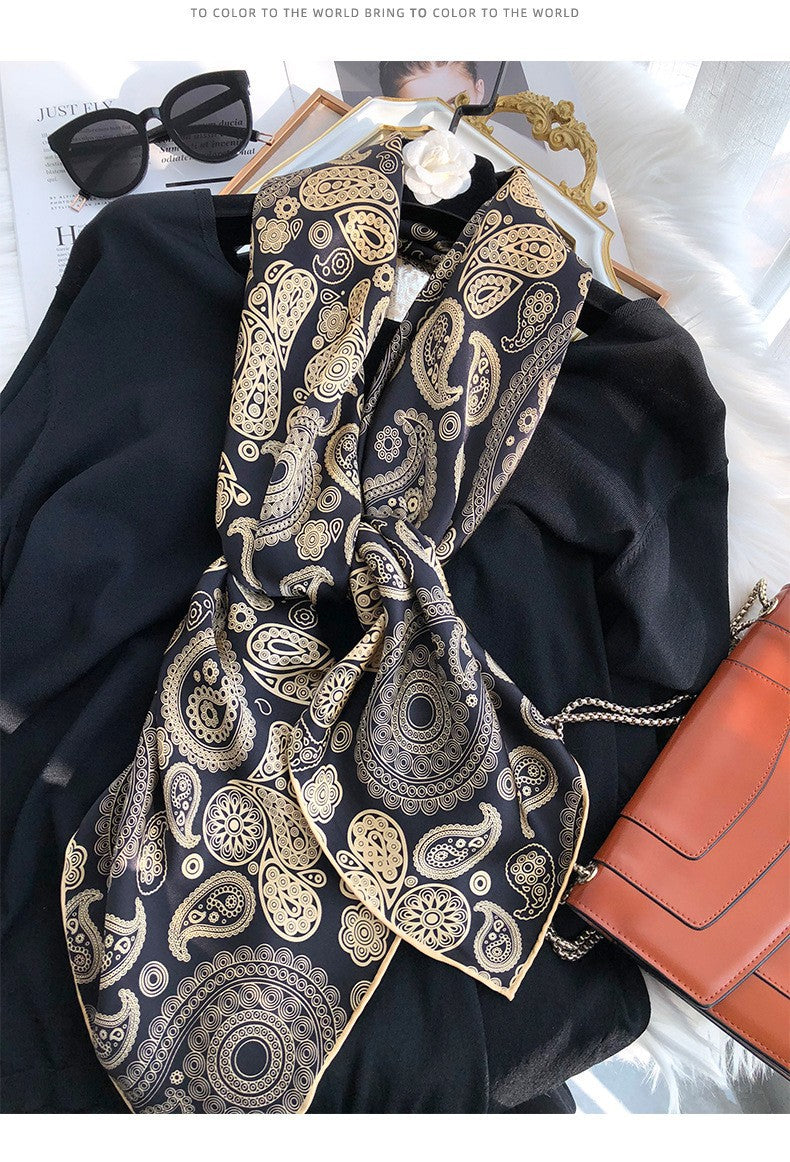 Black and Gold Paisley printed mulberry silk square scarf, 105 by 105 cm