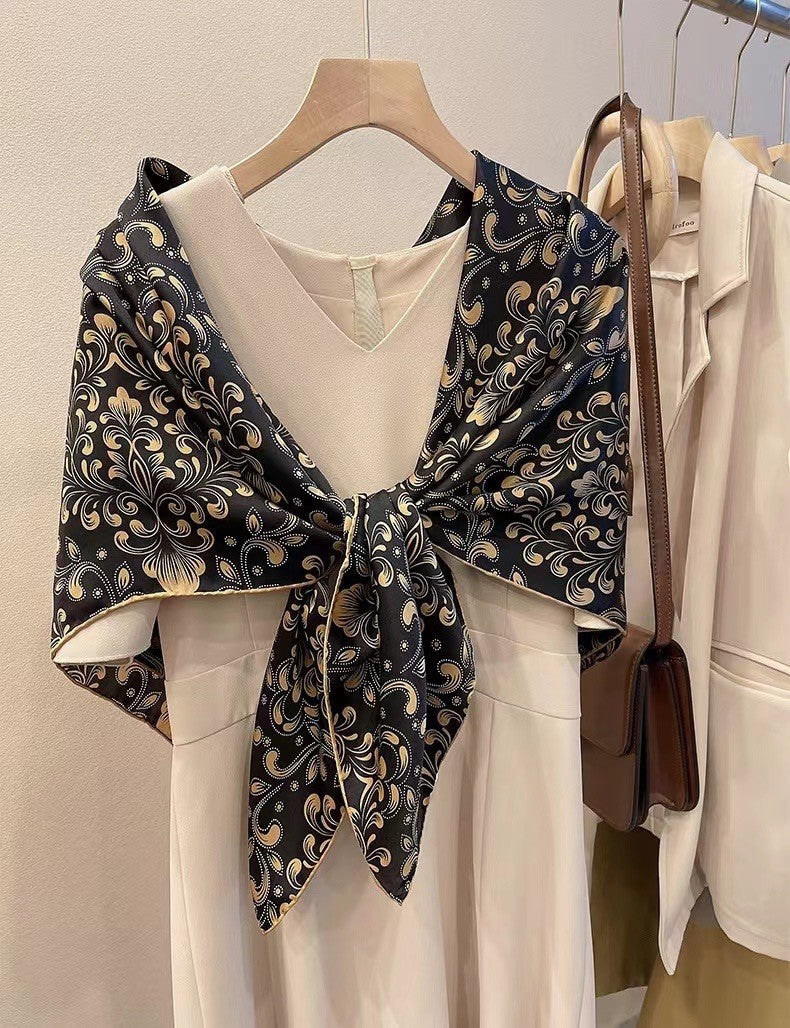 Black and Gold Flourishes printed mulberry silk square scarf, 105 by 105 cm