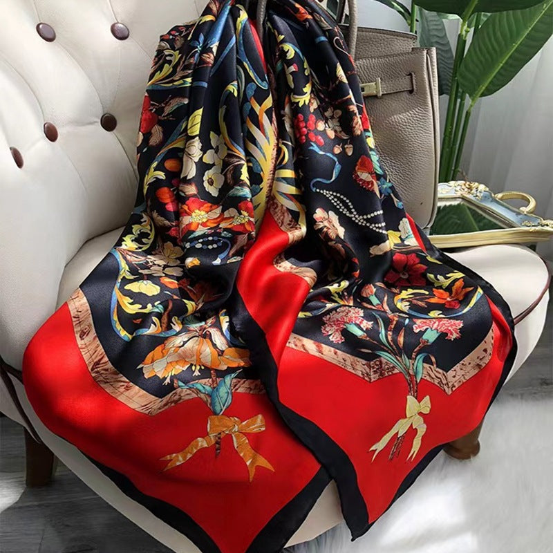 Red Border Floral printed mulberry silk square scarf, 105 by 105 cm
