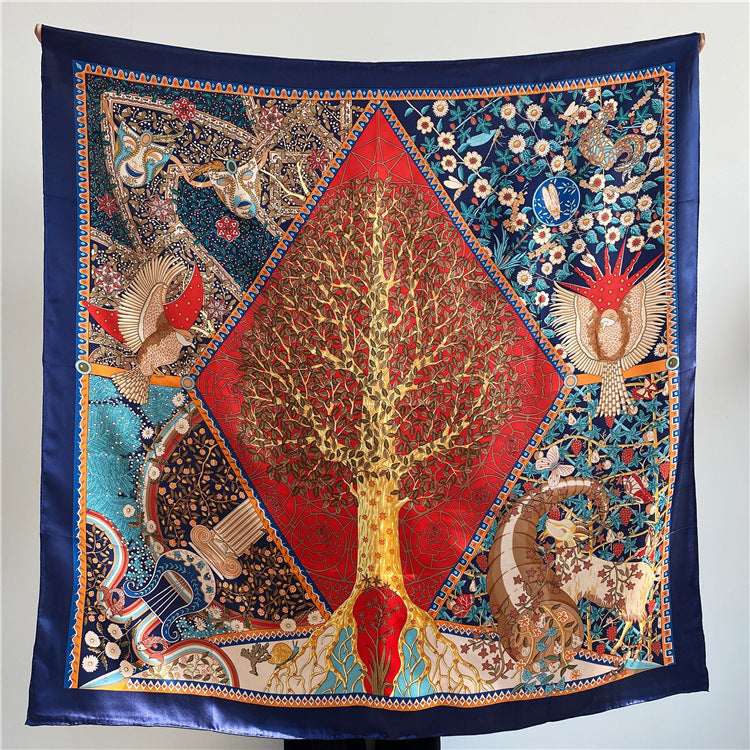 Navy Border Tree printed mulberry silk square scarf, 105 by 105 cm