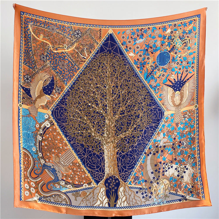 Orange Border Tree printed mulberry silk square scarf, 105 by 105 cm