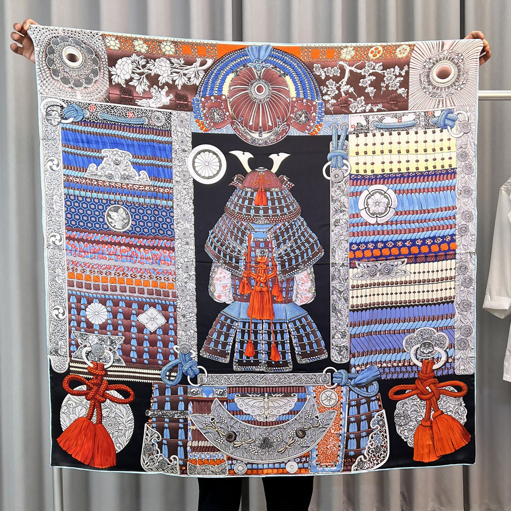 Blue and Orange Armor printed mulberry silk square scarf, 105 by 105 cm