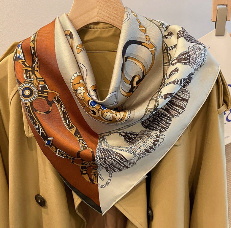 Cream and Rust Chains printed mulberry silk square scarf, 105 by 105 cm