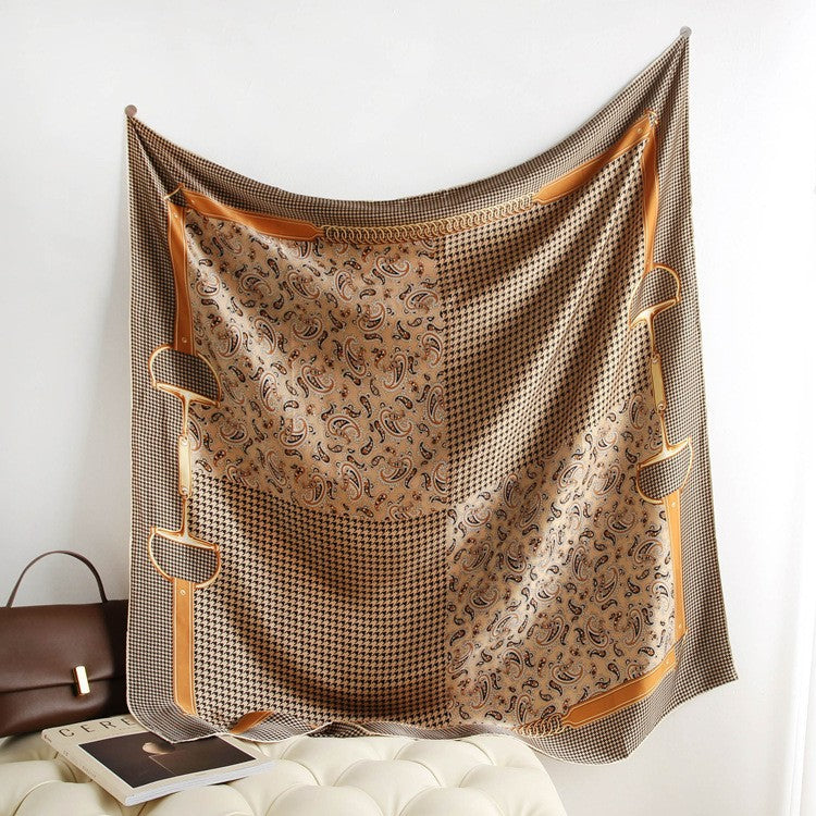Camel Houndstooth Paisley printed mulberry silk square scarf, 105 by 105 cm