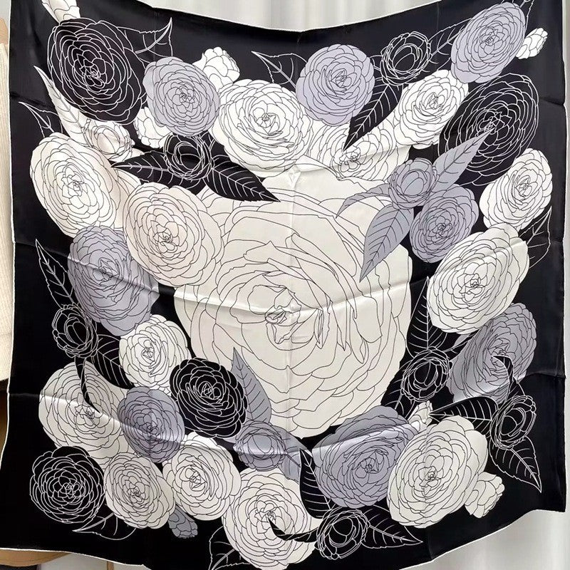 Gray Camellia Outline printed mulberry silk square scarf, 105 by 105 cm