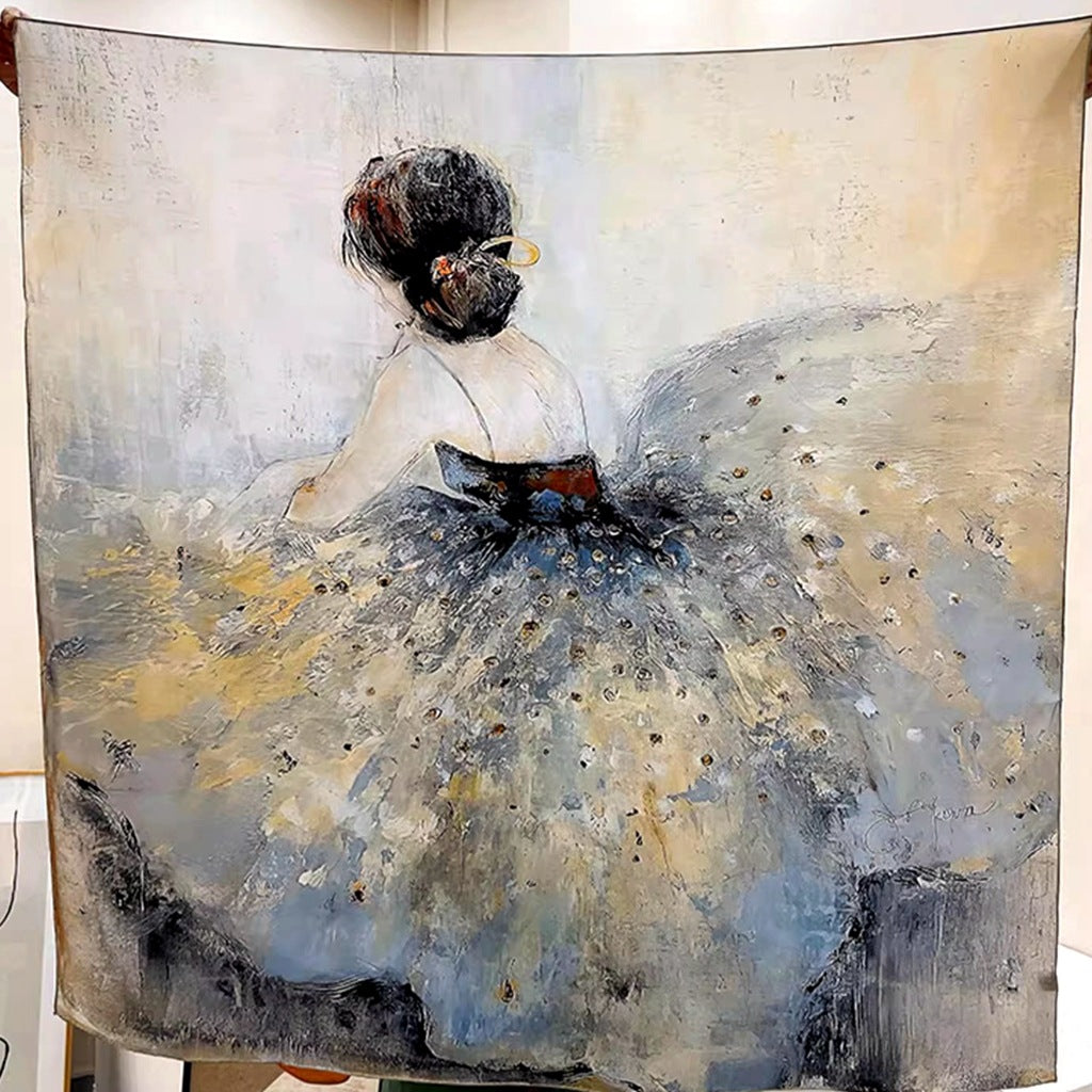 Gray Painterly Figure printed mulberry silk square scarf, 105 by 105 cm