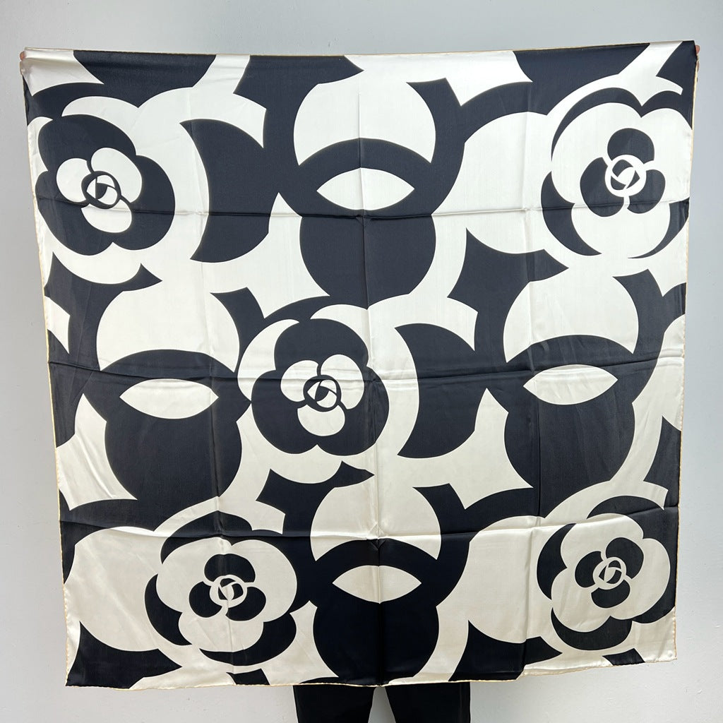 Black and White Camellia printed mulberry silk square scarf, 105 by 105 cm