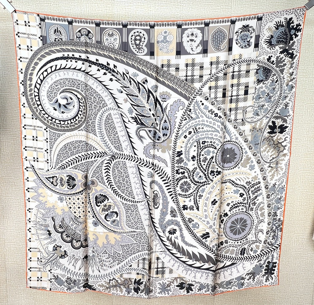 Ivory and Gray Paisley printed mulberry silk square scarf, 105 by 105 cm