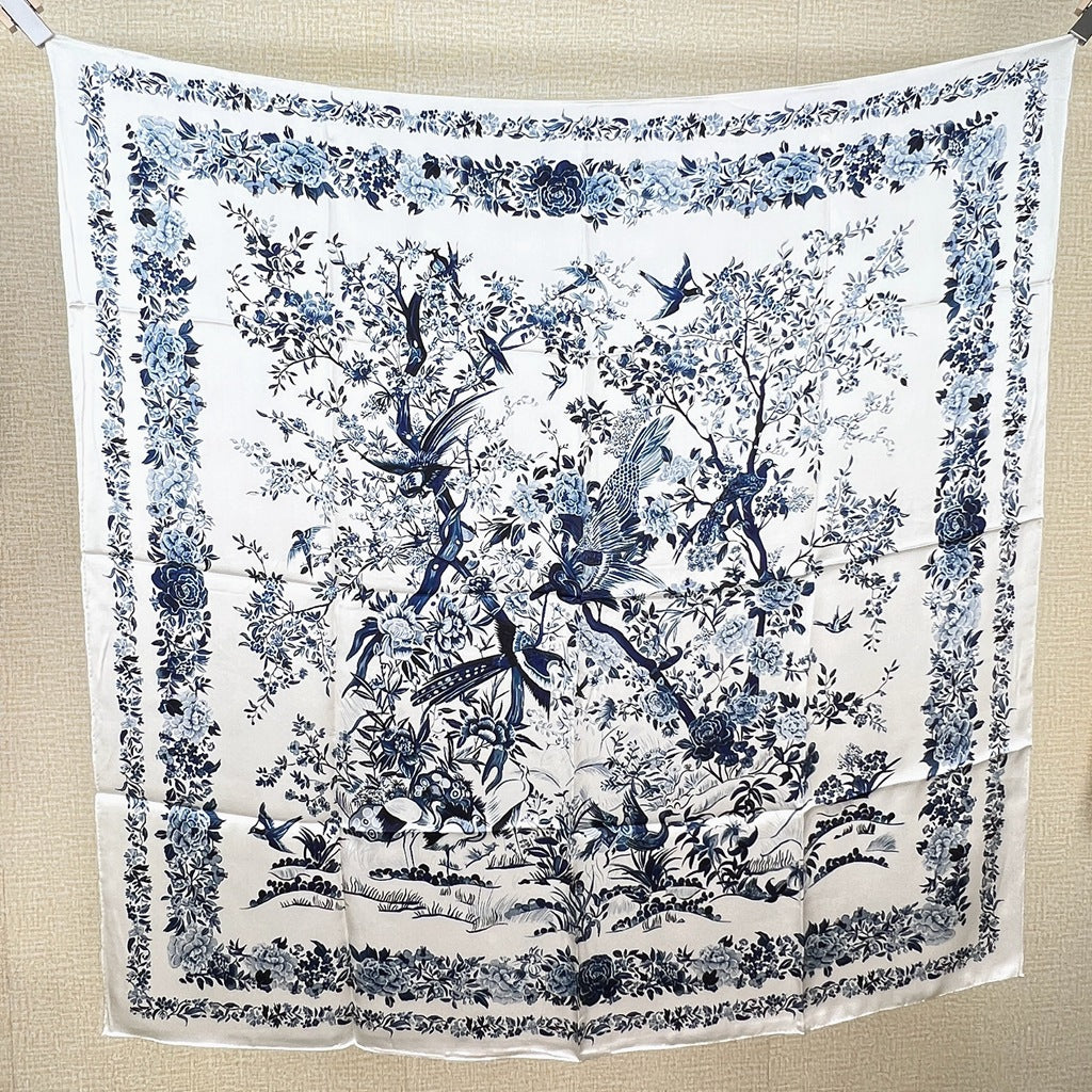 Blue Birds and Blossoms printed mulberry silk square scarf, 105 by 105 cm