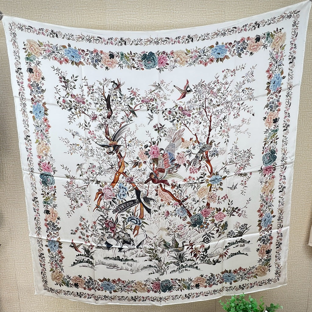 Ivory Birds and Blossoms printed mulberry silk square scarf, 105 by 105 cm