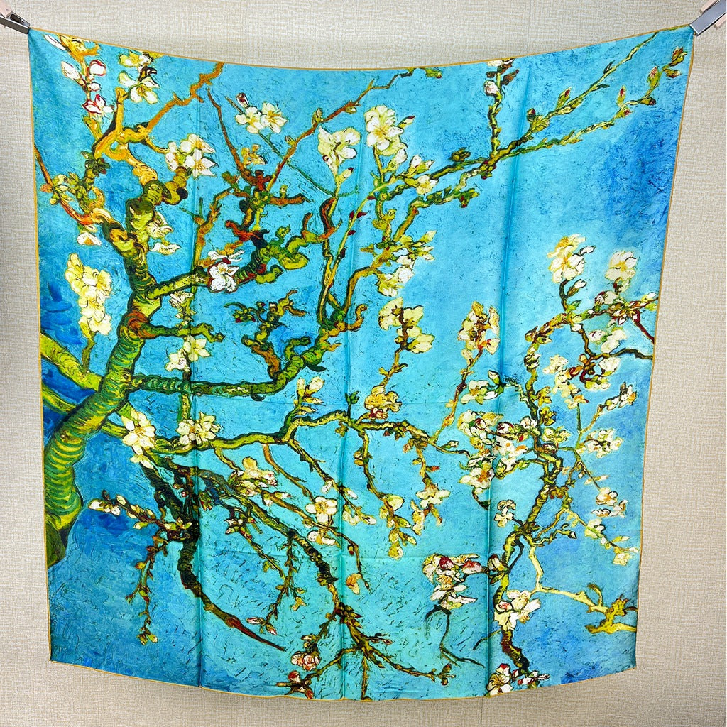 Turquoise Blossom Branches printed mulberry silk square scarf, 105 by 105 cm