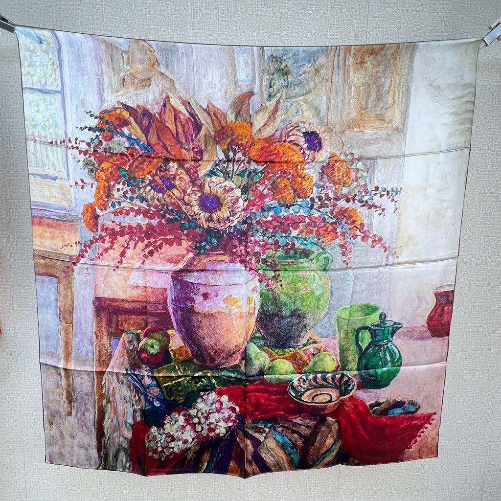 Colorful Floral Still Life printed mulberry silk square scarf, 105 by 105 cm