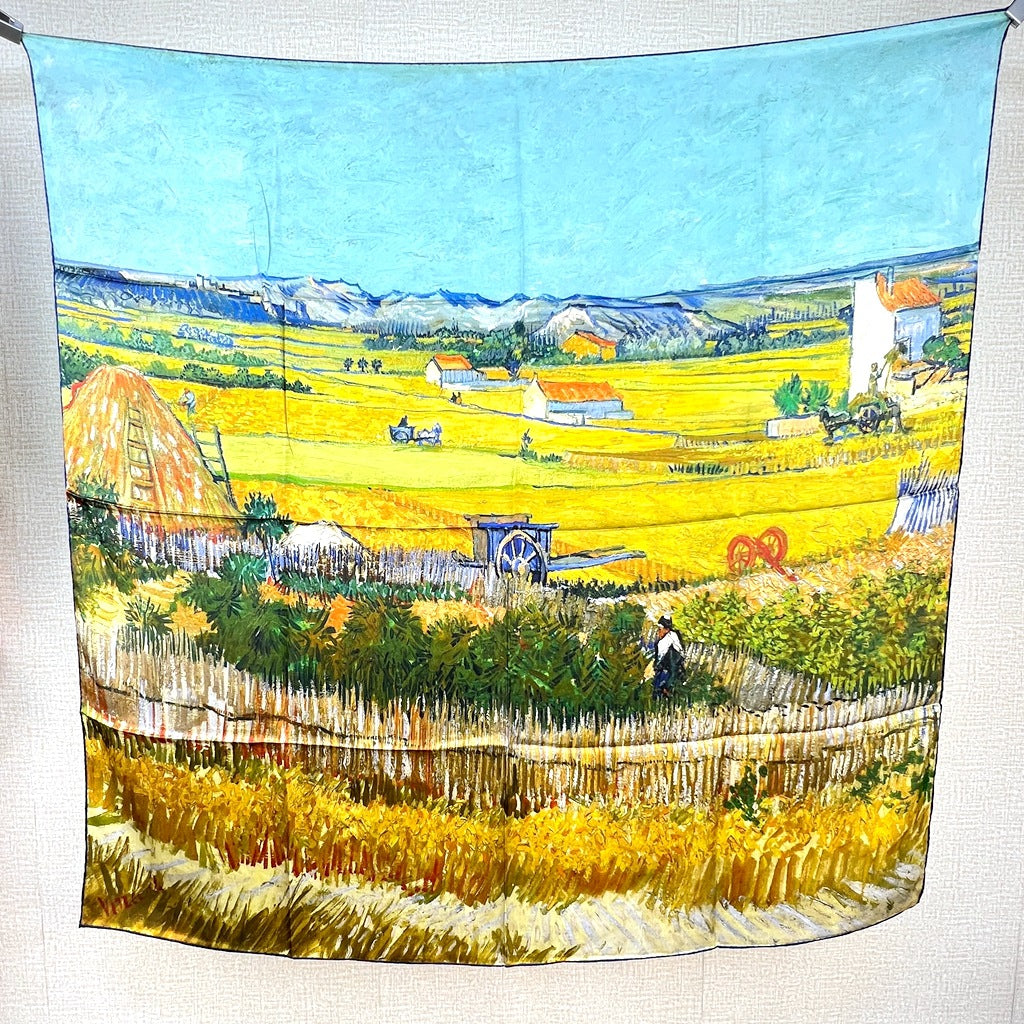 Golden Harvest Landscape printed mulberry silk square scarf, 105 by 105 cm