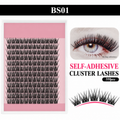 BS01 black self-adhesive cluster lashes in an unbranded tray, with a labeled styling reference